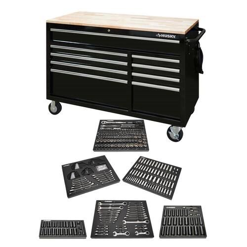Husky 52 in. W x 25 in. D 9-Drawer Gloss Black Mobile Workbench Tool Chest with Mechanics Tool Set in Foam (320-Piece)